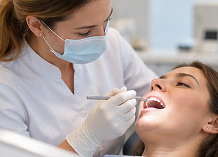 Chirurgien-dentiste réalisant un examen bucco-dentaire.