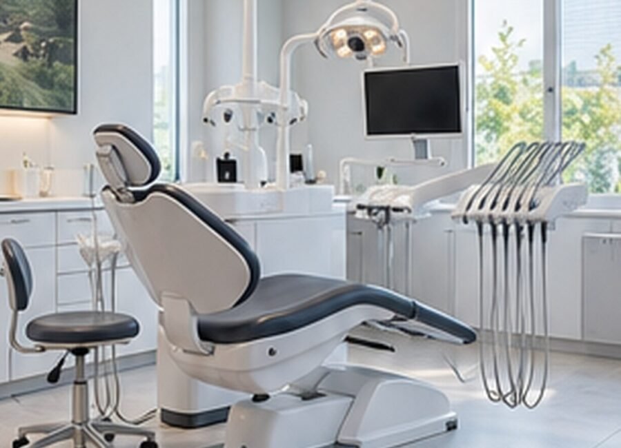 Salle de soins dentaire moderne avec fauteuil et équipements.