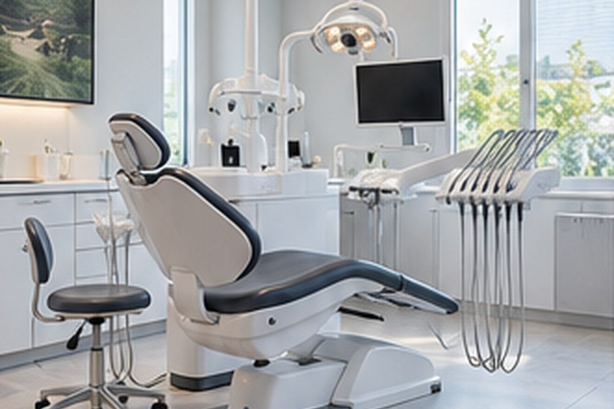 Salle de soins dentaire moderne avec fauteuil et équipements.