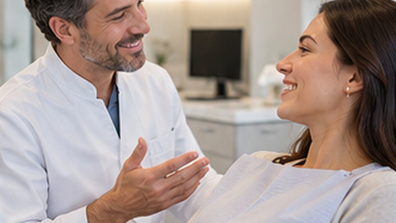 Dentiste échangeant avec une patiente dans un cabinet dentaire moderne.