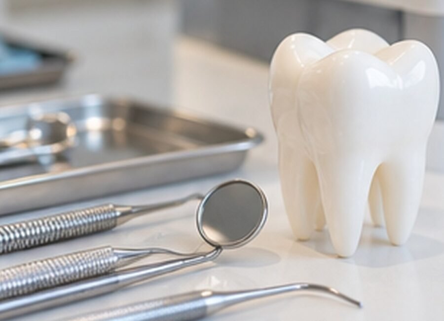 Instruments dentaires et modèle de dent sur un plan de travail clinique.
