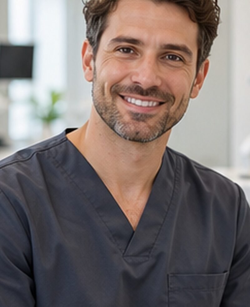 Portrait professionnel d’un praticien en tenue clinique.