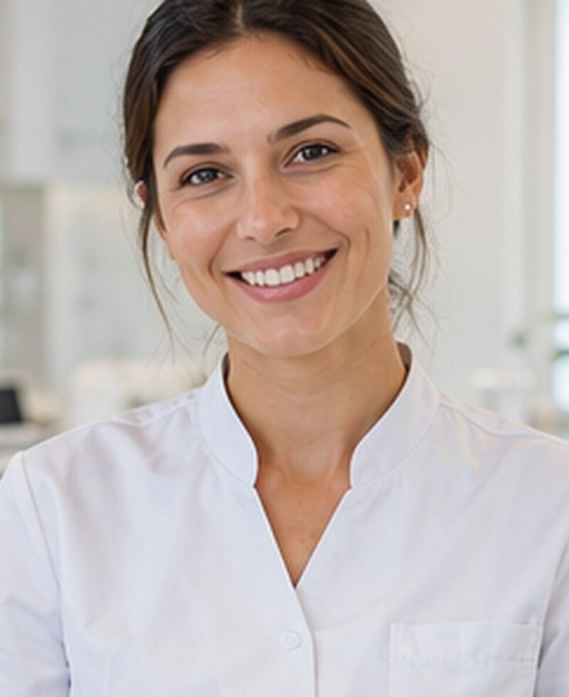 Portrait professionnel d’une praticienne en blouse blanche.